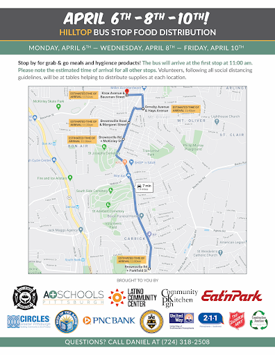 HACP1's tweet photo. This week is spring break. @412FoodRescue is working with @APlusSchools, Latino Community Center, and the @CityPGH to distribute food along bus routes from 11AM-tomorrow (Wednesday 4/8), and Friday 4/10. Each route can be found below https://t.co/VbAaC3Fo8b