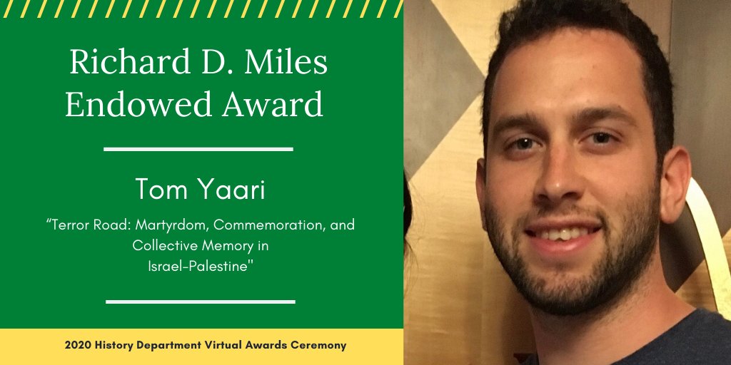 The Richard D. Miles Endowed Award (outstanding research paper based on primary sources in any field of history) goes to Tom Yaari, for his paper titled “Terror Road"  #wsucommunity  @WayneStateCLAS  @WayneGradSchool  @WaynestateHGSA