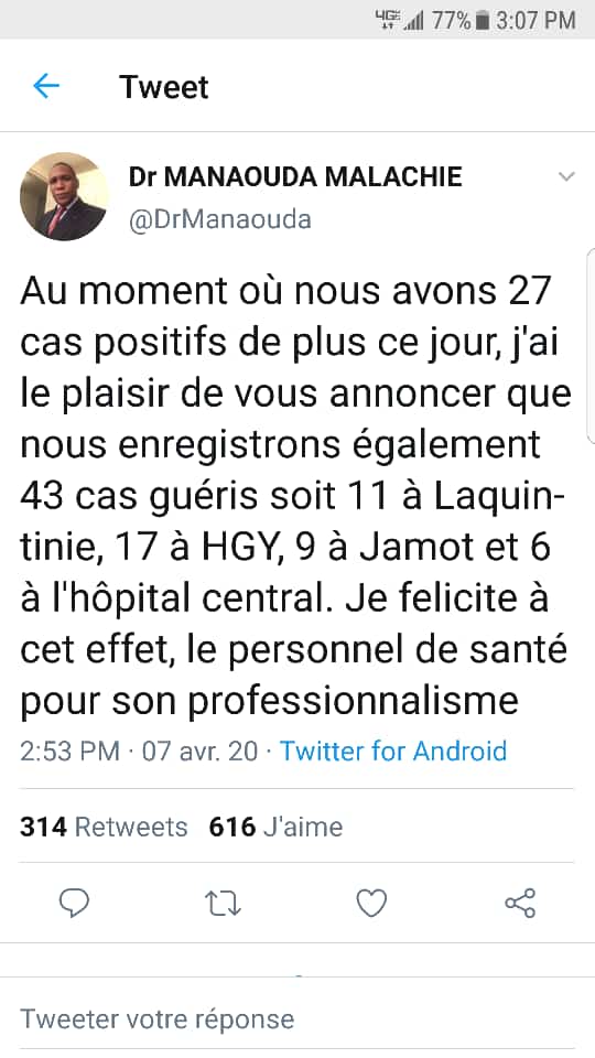 CRTV_web's tweet image. 43 guérisons mais 27 nouveaux cas positifs 
#coronavirus #Cameroun