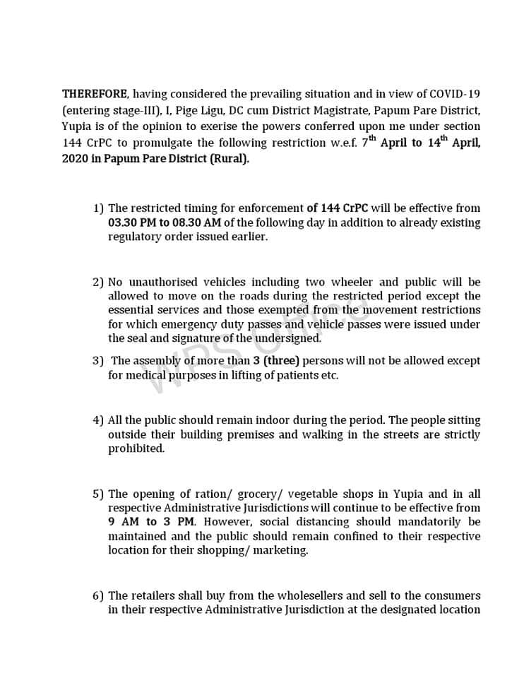 PapumpareIpr's tweet photo. District Administration PapumPare promulgated 144CrPC with effect from 7/4/2020 to 14/4/2020. https://t.co/vH9T5E7tYL