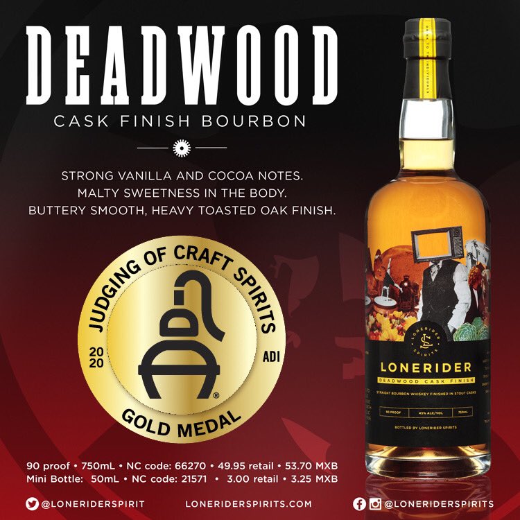 LoneriderSpirit's tweet photo. Our Deadwood Cask Finish Bourbon brought home a gold medal from @Distilling !! Available now at an ABC store near you.
π₯
#bourbon #ncspirits #adiconf #adijudging #craftdistilling #craftspirits #lonerider https://t.co/4aJVPkwbVq