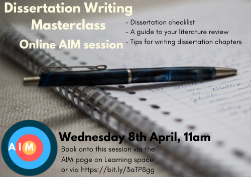 MarjonStudy's tweet photo. We will be running a Dissertation Writing Masterclass online AIM session on Wednesday 8 April at 11:00.
For a chance to book onto this session, please follow this link:
https://t.co/qvaAUjtkTw https://t.co/xWi9R9rhM1