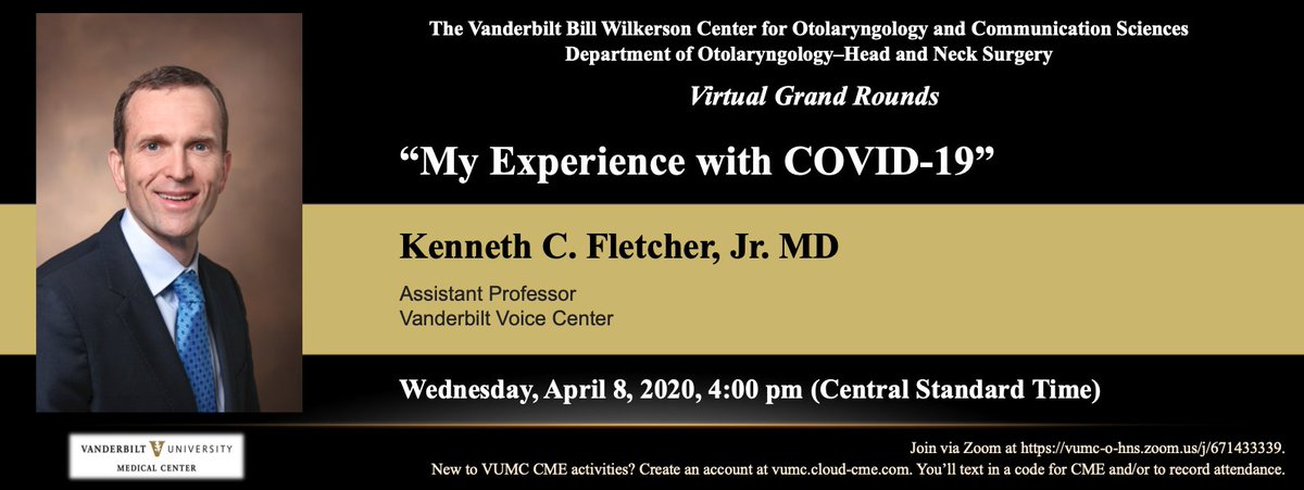 Tune in tomorrow for a #VirtualGrandRounds session with Dr. Kenneth C. Fletcher discussing his experience with COVID-19: vumc-o-hns.zoom.us/j/671433339.

Non-VUMC faculty, for CME credit, create an account at vumc.cloud-cme.com.

@VUMCGME <a href="/VUMChealth/">Vanderbilt Health</a> #VirtualCME