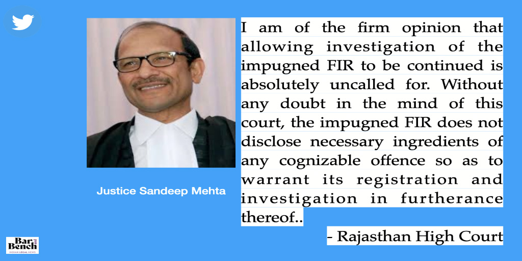 I am of the firm opinion that allowing investigation of the impugned FIR to be continued is absolutely uncalled for. Without any doubt in the mind of this court, the FIR does not disclose necessary ingredients of any cognizable offence.  @jack  @TwitterIndia  @Twitter