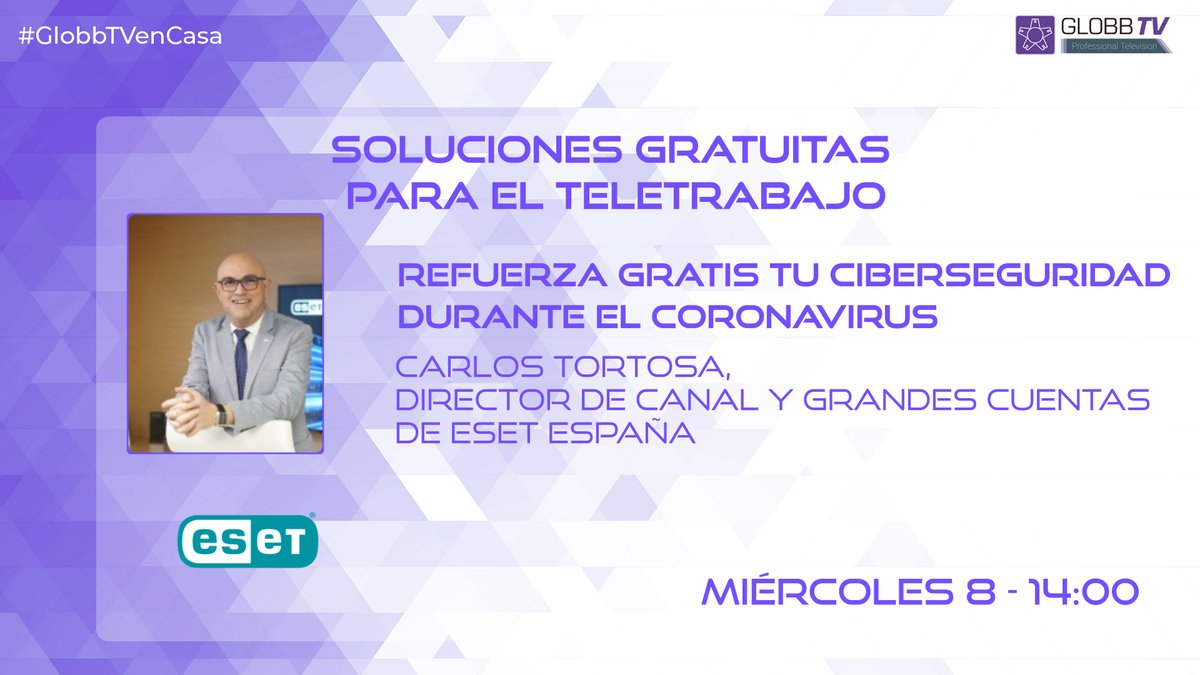 GlobbSecurity's tweet image. Ahora más que nunca, todo el mundo debe de estar protegido frente a las #ciberamenazas  Por eso, @ESET_ES ofrece dos meses gratis de #ESETInternetSecurity lo vemos con Carlos Tortosa, Director de canal y grandes cuentas de ESET España en live.globbtv.com/soluciones-gra… #GlobbTVencasa