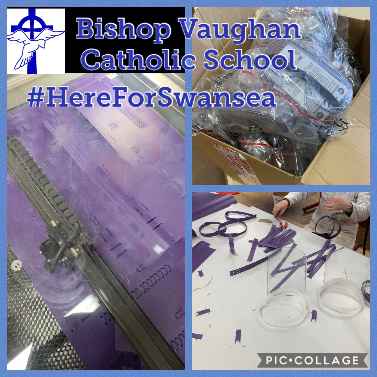 Bvs_KSmith's tweet photo. Mr Smith &amp; Mr Green @Bishop_Vaughan are very busy today putting their 3D printing skills to the test and producing medical visors that will be sent to Morriston and Singleton hospitals along with boxes of brand new goggles. BV doing its part to help. #HereForSwansea #StayHome 👏🏻 https://t.co/BJh4h1RQCV