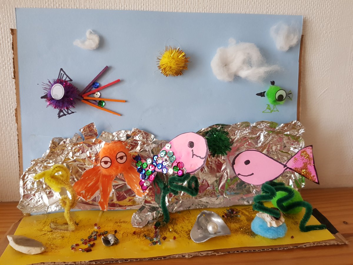 Kids in  #COVID19  #lockdown writing poems and drawing pictures to teach you about the sea - a thread.These were all in response to a free online  @encounteredu lesson - first up, this awesome collage of the Black Sea, by Amelia
