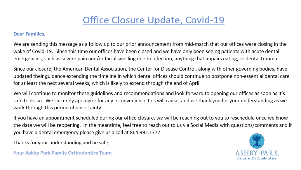 AshbyBraces's tweet photo. Office Closure update, Covid-19. We hope everyone is staying safe during this time and we all are looking forward to having this behind us and being back in the office soon. If you have a Dental emergency give us a call.

#Orthodontics #DrMelissa #AsbhyPark #Braces #Covid19 https://t.co/fn0suZrMFr