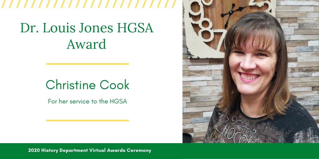The Dr. Louis Jones HGSA Award (for service to HGSA) goes to Christine Cook for her work with the History Graduate Student Association.  #wsucommunity  @WayneStateCLAS  @WayneGradSchool  @WaynestateHGSA  @c3authorspot