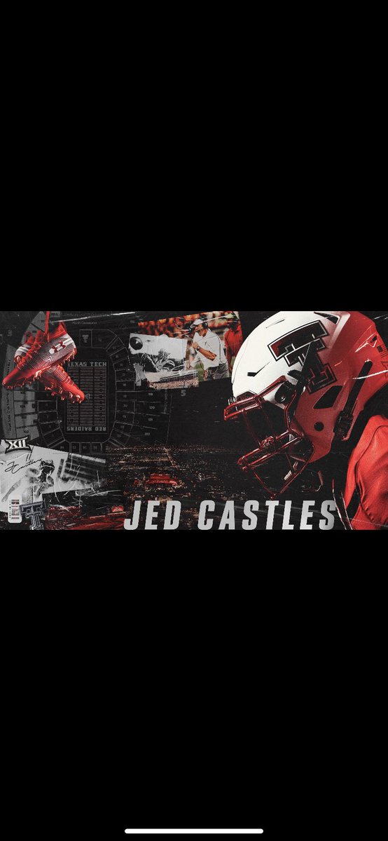 CastlesJed's tweet photo. First off, I’d like to thank the man upstairs for making me the man I am today. I thank all my coaches from freshman year to now. After visiting with @CoachBindel and @jgarfield99 and talking with @TTUCoachWells and @coachlukewells, I AM 113% committed to Texas Tech!!!!!!! https://t.co/DFXjMwxqMV