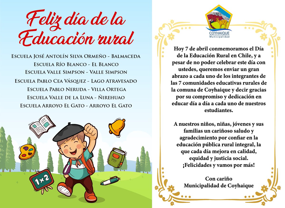 Hoy en el Día de la Educación Rural, queremos saludar a cada una de las  siete escuelas rurales de nuestra comuna de Coyhaique y enviar un cariñoso  abrazo a cada estudiante y, image size:1200x873