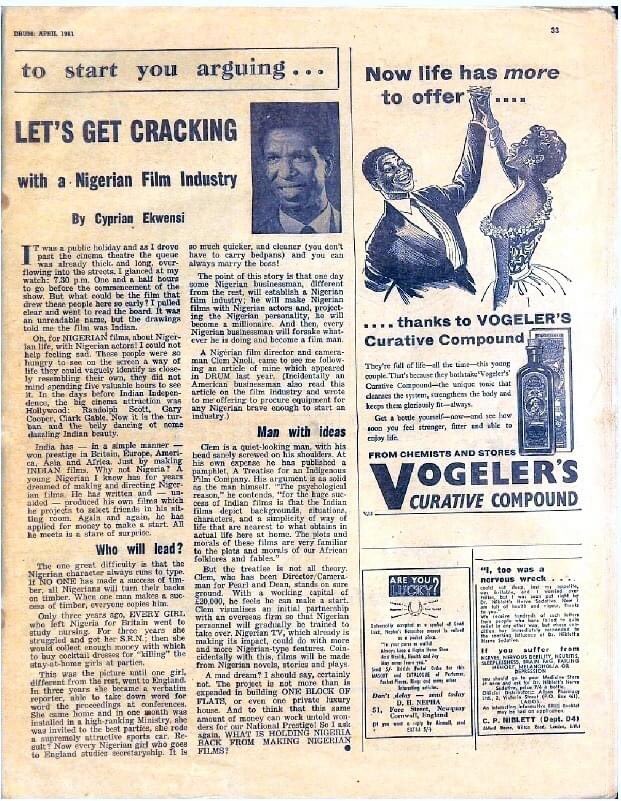 Cyprian Ekwensi presaging Nollywood.DRUM. April 1961.