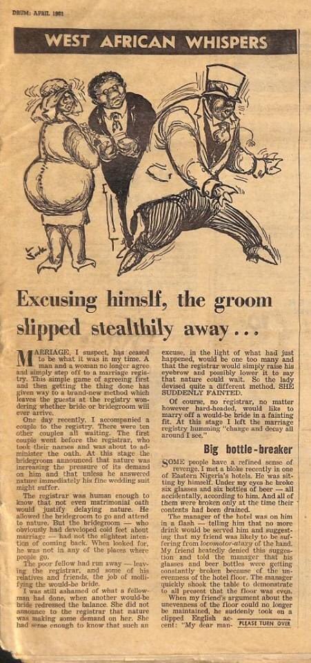 Absconding groom and other tales- West African Whispers- DRUM magazine, April 1961. Source: Private Collection of T.O.M.