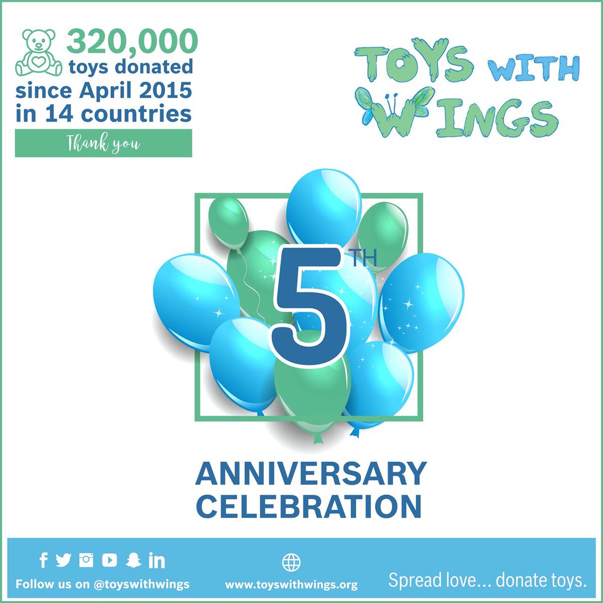 toyswithwings's tweet photo. Today is our 5th anniversary
🎉
More than 320,000 toys were distributed in 14 countries since 2015
Thank you all for your support

اليوم نحتفل بعامنا الخامس منذ إنشاء مبادرة #ألعاب_بأجنحة
أكثر من 320 آلاف لعبة وُزعت في 14 دولة منذ بدأنا في 2015
كل الشكر لدعمكم ومجهوداتكم💙💚 https://t.co/JtsusB8KTK