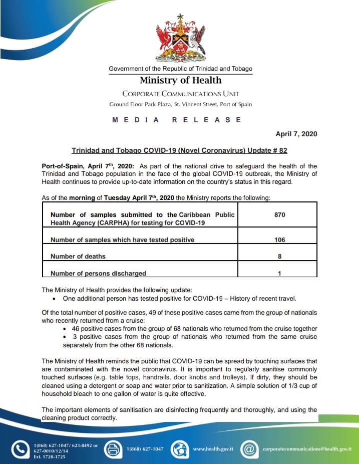 ttgovcomms's tweet photo. One (1) additional confirmed case of COVID-19.
Thus, in total, one hundred and six (106) persons have tested positive for COVID-19 in Trinidad and Tobago at this time.
#PleaseShare #Update82 #StayHomeSaveLives
@newsgovtt @tttliveonline https://t.co/cWWeFbWwfa