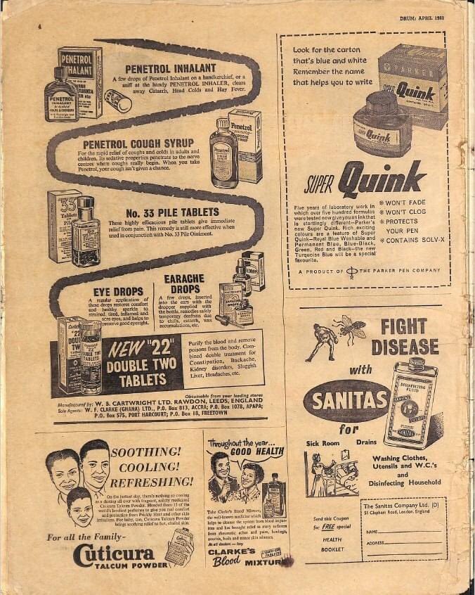 Various adverts from Drum magazine (Nigeria edition) April 1961. Coughs and pile treatment ads. Sanitas was a strong disinfectant.