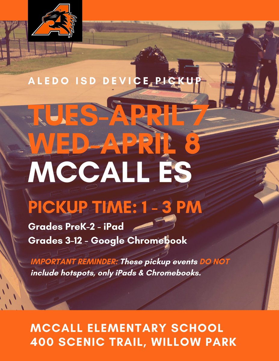 Here's two more opportunities to pick up technology devices this week! 

🗓️ Tuesday, April 7; Wednesday, April 8
⏰ 1-3 PM
🏫 McCall Elementary

Please be sure to fill out this form before pickup. 

TECH REQUEST FORM - bit.ly/2JDsv3U