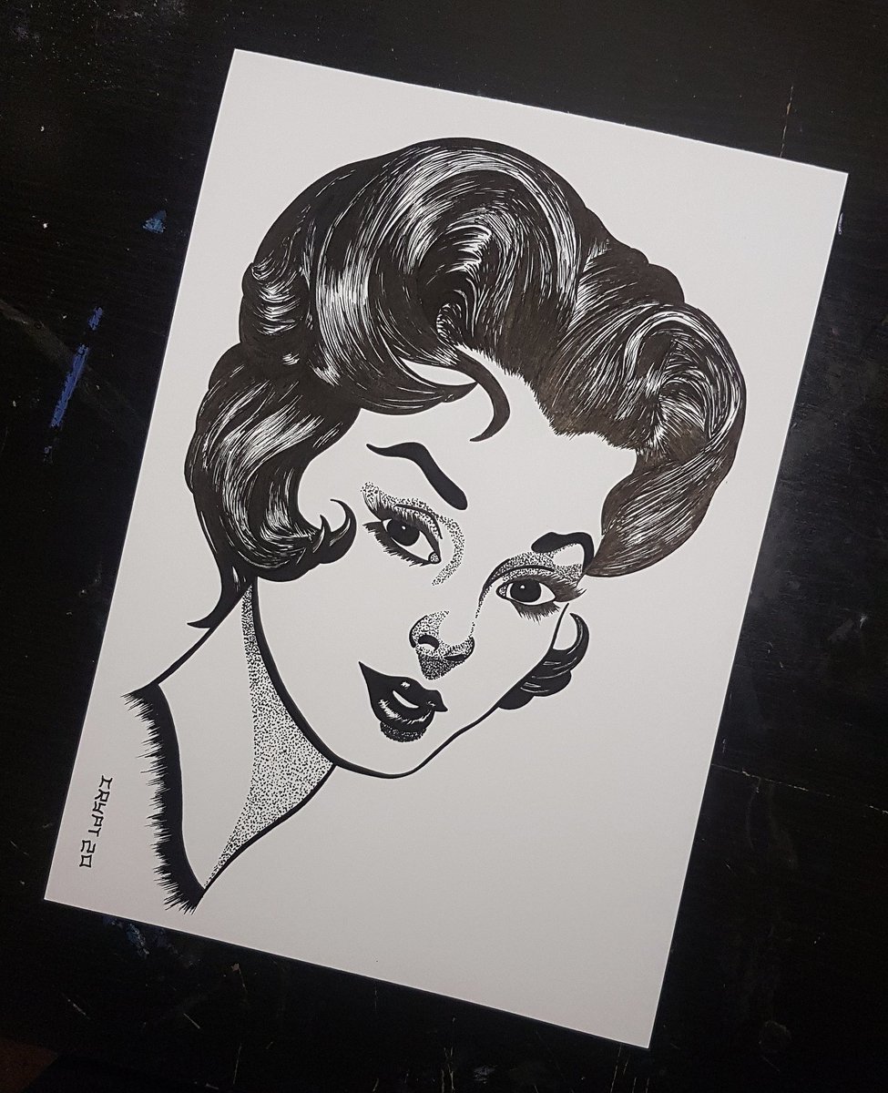 first one!black and white low brow lady face, made using one black posca marker on cass art heavyweight cartridge paper
