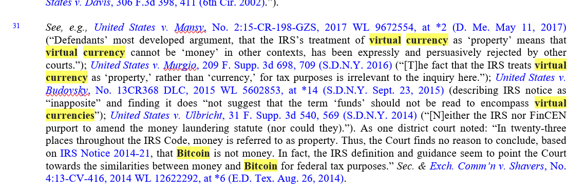 note more cases supporting conclusion that  #bitcoin   is funds under US law in FN 31, noting that money is also property under IRS regs: