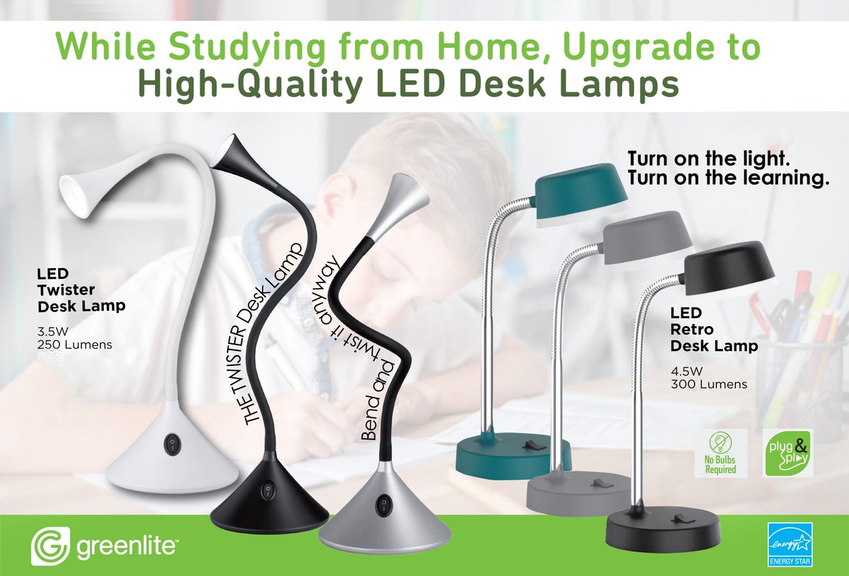 greenliteusa's tweet photo. While stuck #StudyingAtHome, why not upgrade to high-quality #LEDLighting? Make your home office as hospitable as possible for greatest productivity with our #EnergySaving ENERGY STAR high CRI LED #DeskLamps! Plug&amp;Play and never a bulb to replace! #StayAtHome #TurnOnTheLearning https://t.co/XNa62TYFWB