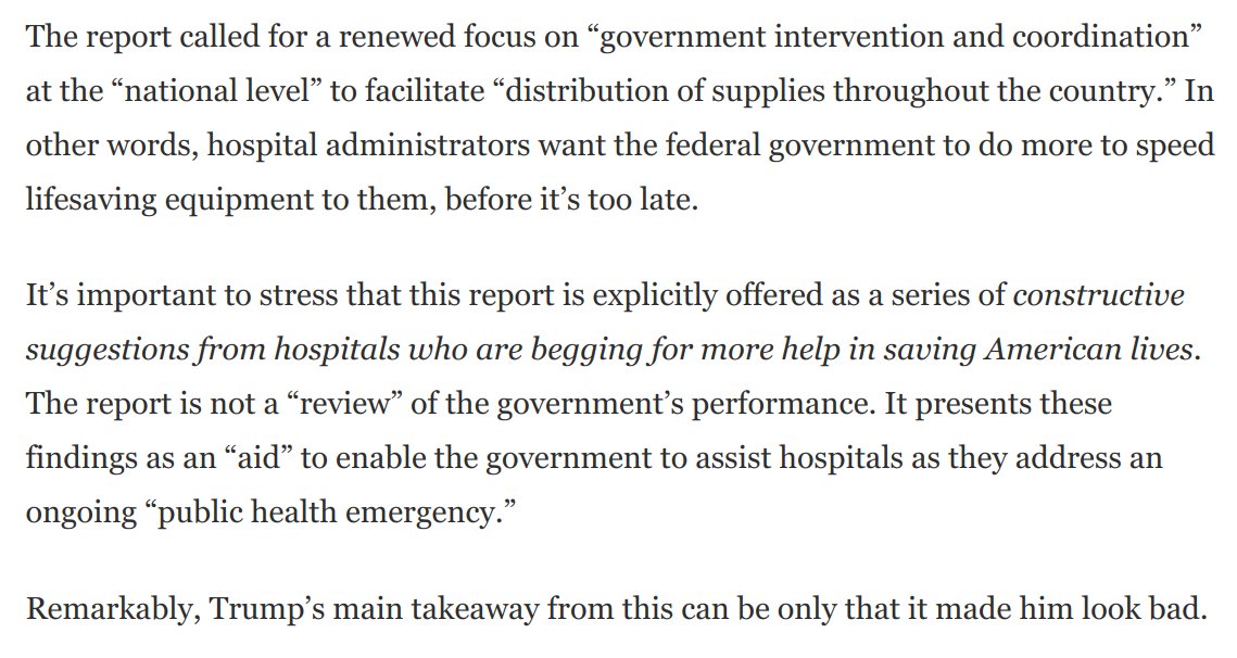 Here's why this is so galling.The IG report consists of *hospitals making their own constructive suggestions* on how government can help them *save more lives.*Why doesn't Trump *want* to learn from this in order to avert as many deaths as possible? https://www.washingtonpost.com/opinions/2020/04/07/trumps-latest-depraved-display-could-lead-more-deaths/