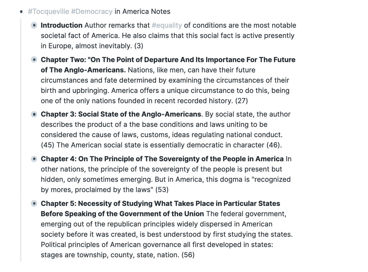 Some  @RoamResearch notes I've been taking while reading Democracy in America. I'm still thinking about the optimal methods for this kind of thing, right now this represents an effort at a moderately detailed summary of important / interesting points following the order of book.