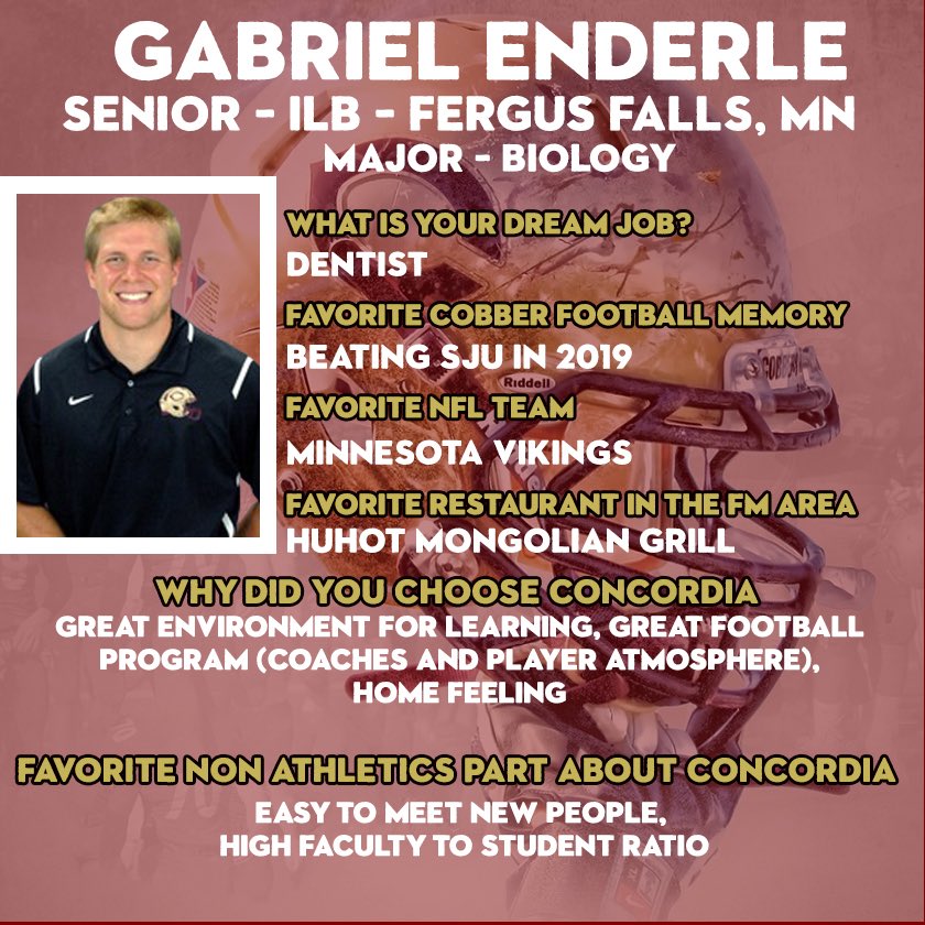 Cobber_Football's tweet photo. Today’s Know Your Cobbs is the Defensive Captain next year!  Gabe the Babe Enderle! #TogetherWeWill #RollCobbs #KnowYourCobbs https://t.co/xswAENVg3g