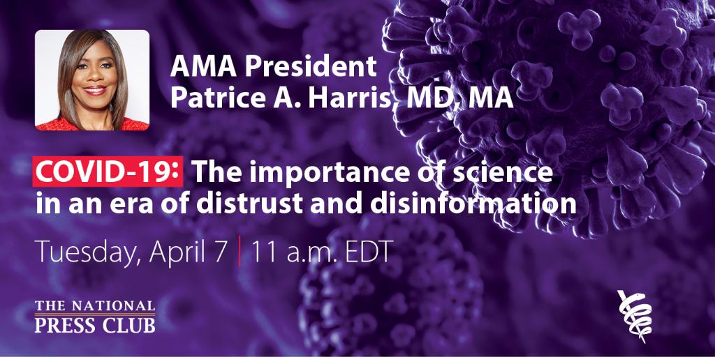 In 10 minutes, AMA President <a href="/PatriceHarrisMD/">Dr. Patrice Harris</a> will make her live national address on why it's critical to rely on science and data to protect public health in the face of the #COVID19Pandemic. RSVP now: spr.ly/60181IFp4