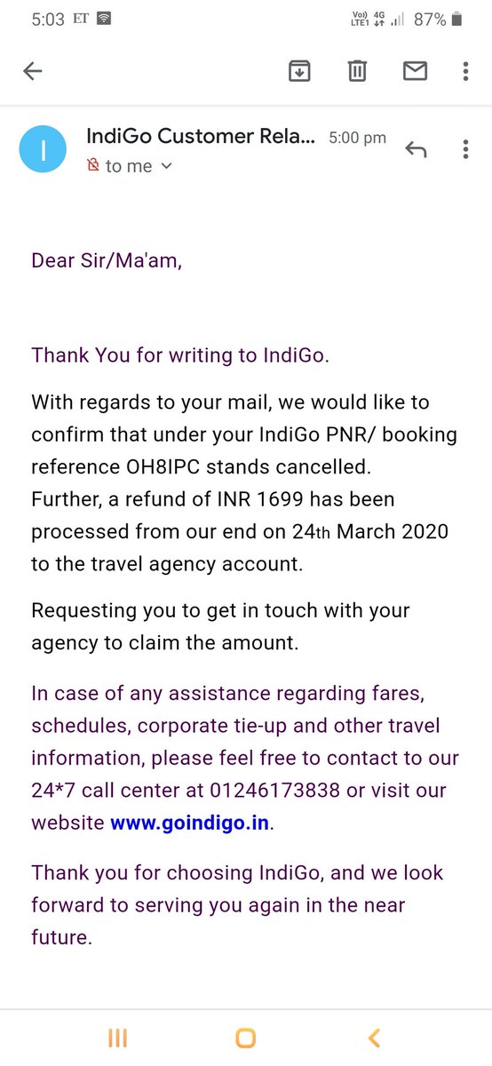 RMS4211's tweet photo. @IndiGo6E @ixigo @ixigosearch @MoCA_GoI 
INDR-NDLS flyt booked, travel date 25th Mar20, PNR-OH8IPC flyt cancelled by airlines and i requested indigo for refund &amp; recvd confirmatory mail from airline they refunded to travel agent accnt but travel agent Ixigo is not refunded to me https://t.co/vHlMgruwBS