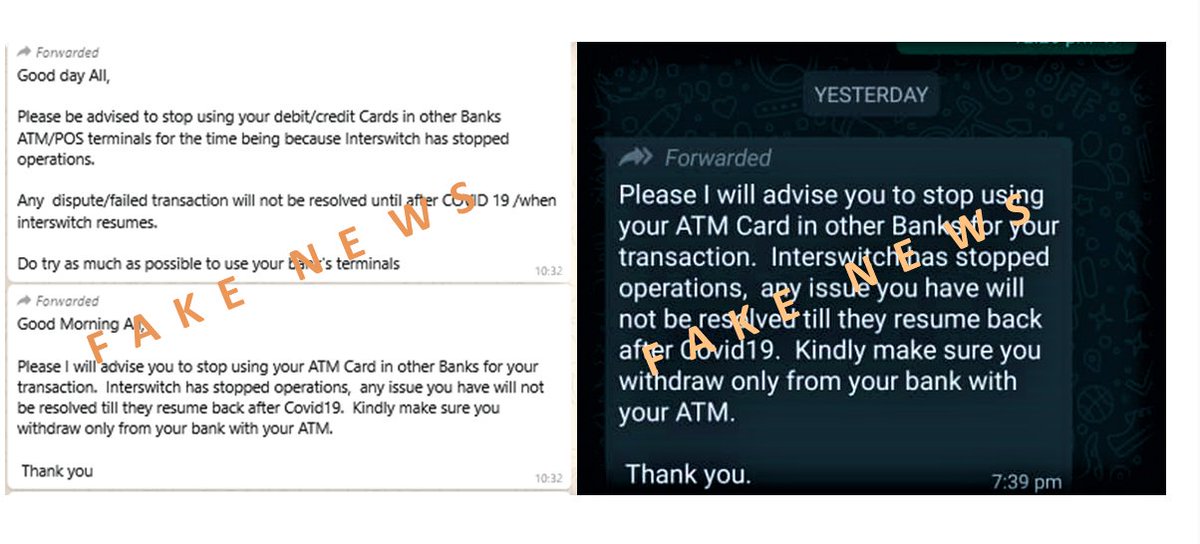 InterswitchGRP's tweet photo. There are good chances you've seen messages like these circulating over the past few days. Please disregard as these are malicious, untrue and designed to create panic! Our operations remain fully functional! 
#StayHome #StaySafe #KeepTransacting #NOToFAKENEWS https://t.co/zyJKYG0LJ3