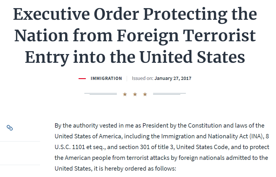 4.) January 27, 2017  #PresidentT issues Executive Order Protecting the Nation from Foreign Terrorist Entry into the United States, which includes dual citizenship. Source  https://www.whitehouse.gov/presidential-actions/executive-order-protecting-nation-foreign-terrorist-entry-united-states/