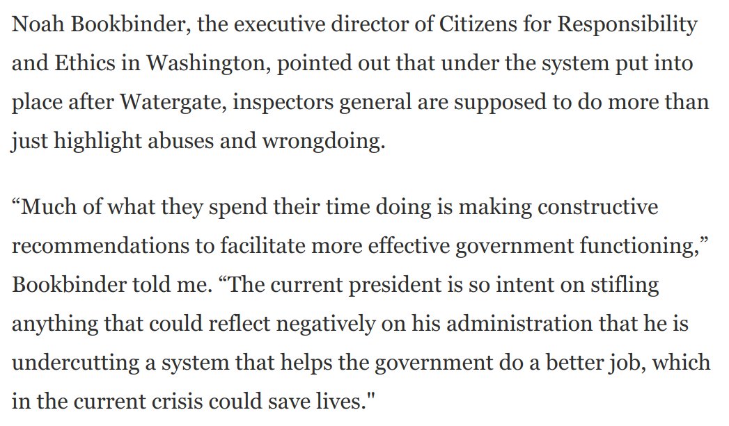 It's worth stressing that this is *why we have IGs.*They alert us not just to wrongdoing, but also to governing failures, so we can *fix them.*But Trump simply refuses to admit error. And as  @NoahBookbinder points out, in this case lives are at stake: https://www.washingtonpost.com/opinions/2020/04/07/trumps-latest-depraved-display-could-lead-more-deaths/