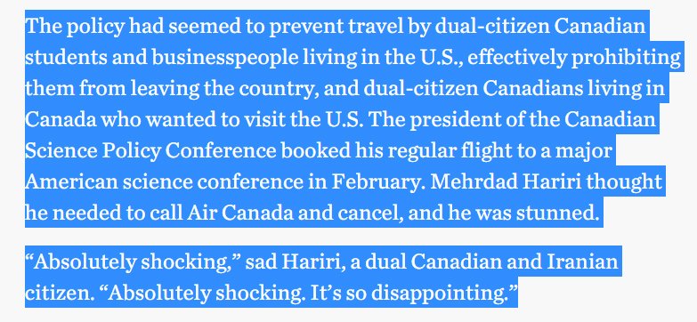 6) Article - Canadian dual citizens exempted from Trump’s travel ban. WTF,  #Flem? Source  https://www.thestar.com/news/world/2017/01/28/passport-holders-of-7-muslim-majority-countries-cant-board-air-canada-flights-to-us.html