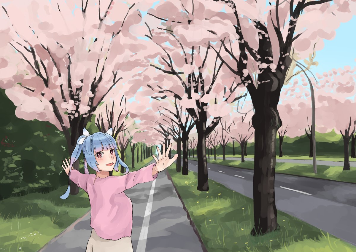 i-19 (kancolle) 1girl cherry blossoms blue hair solo outdoors pink shirt long hair  illustration images