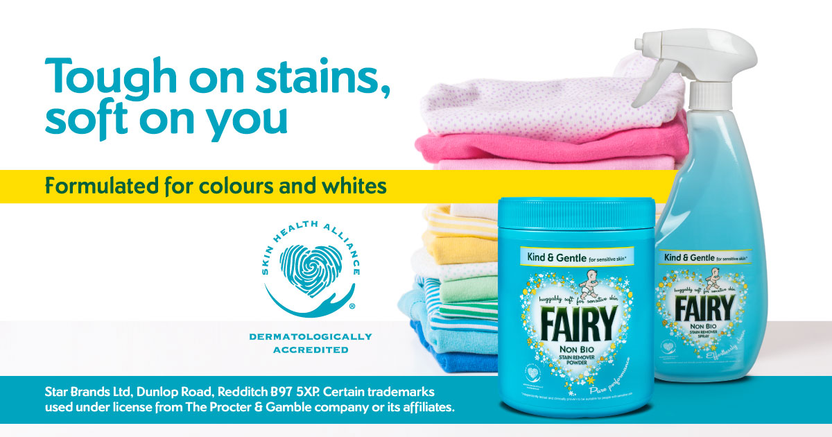 fairylaundryaid's tweet photo. Say hello to Fairy Non Bio Stain Removers! Fast-acting but gentle on sensitive skin to tackle stains on both whites and colours. #toughonstains #fairylaundryaids #starbrandsltd #dermatologicallyaccredited #forsensitiveskin https://t.co/3pnlbs5K2A