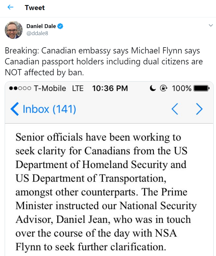 5) January 28, 2017 This Breaking News went under the radar... #Flem goes against E.O. and confirms to Canadian National Security Advisor that travel between Canada and US will procede as normal. WTF?