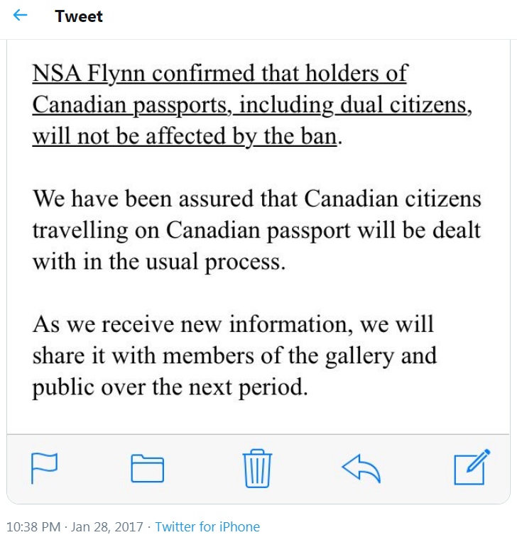 5) January 28, 2017 This Breaking News went under the radar... #Flem goes against E.O. and confirms to Canadian National Security Advisor that travel between Canada and US will procede as normal. WTF?