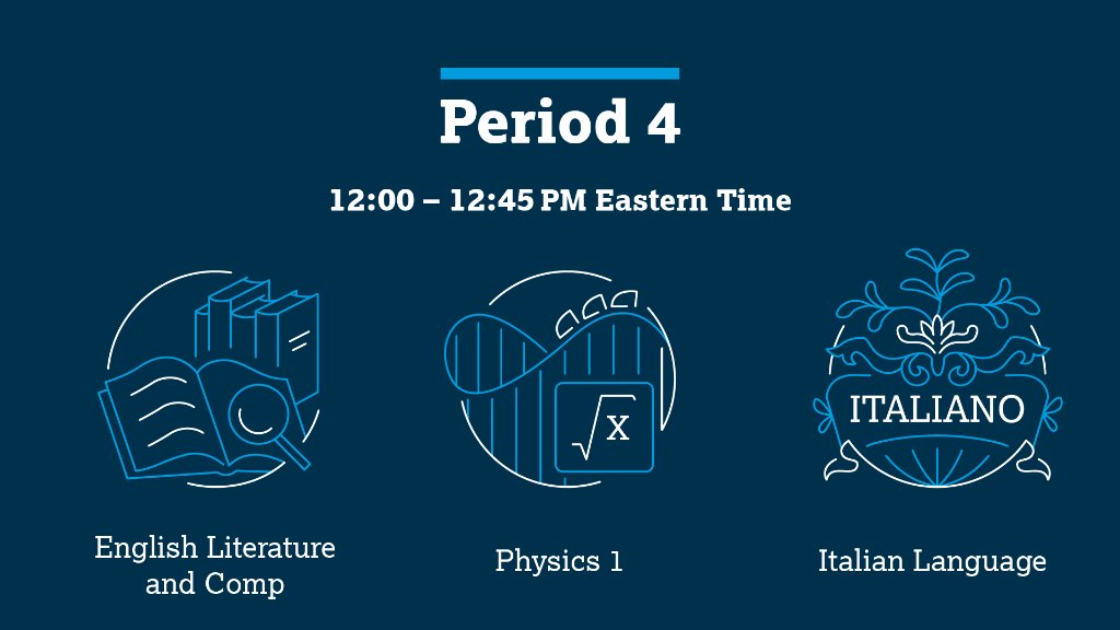These free, live AP review classes begin at 12 pm ET! 

Click your course's link to join the class or set a reminder.

🔷 AP Lit: youtu.be/2U5h1MA2ex4
🔷 AP Physics 1: youtu.be/Ty8q8lFrPX0
🔷 AP Italian: youtu.be/nUDkRQMW060