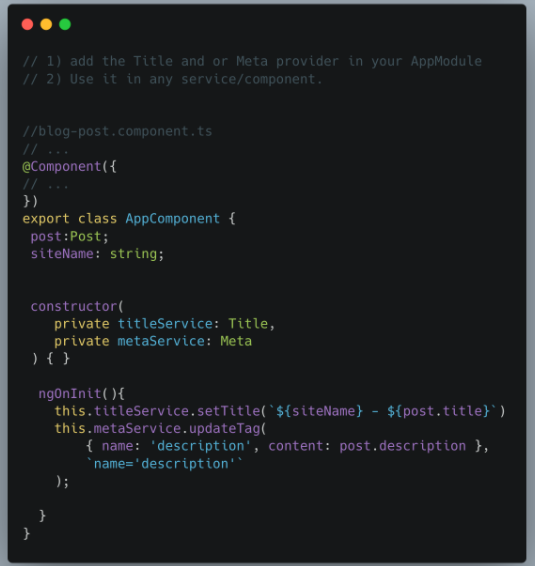 ThisDotMedia's tweet image. A #DeveloperTip from @flakolefluk!

Did you know #Angular provides two services to change a page title (Title) and meta tags (Meta) dynamically?