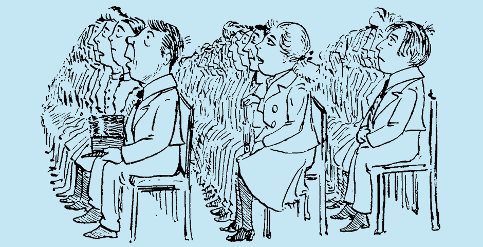 illustration of 3 rows of seated people looking forward