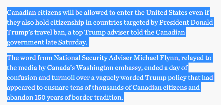 6) Article - Canadian dual citizens exempted from Trump’s travel ban. WTF,  #Flem? Source  https://www.thestar.com/news/world/2017/01/28/passport-holders-of-7-muslim-majority-countries-cant-board-air-canada-flights-to-us.html