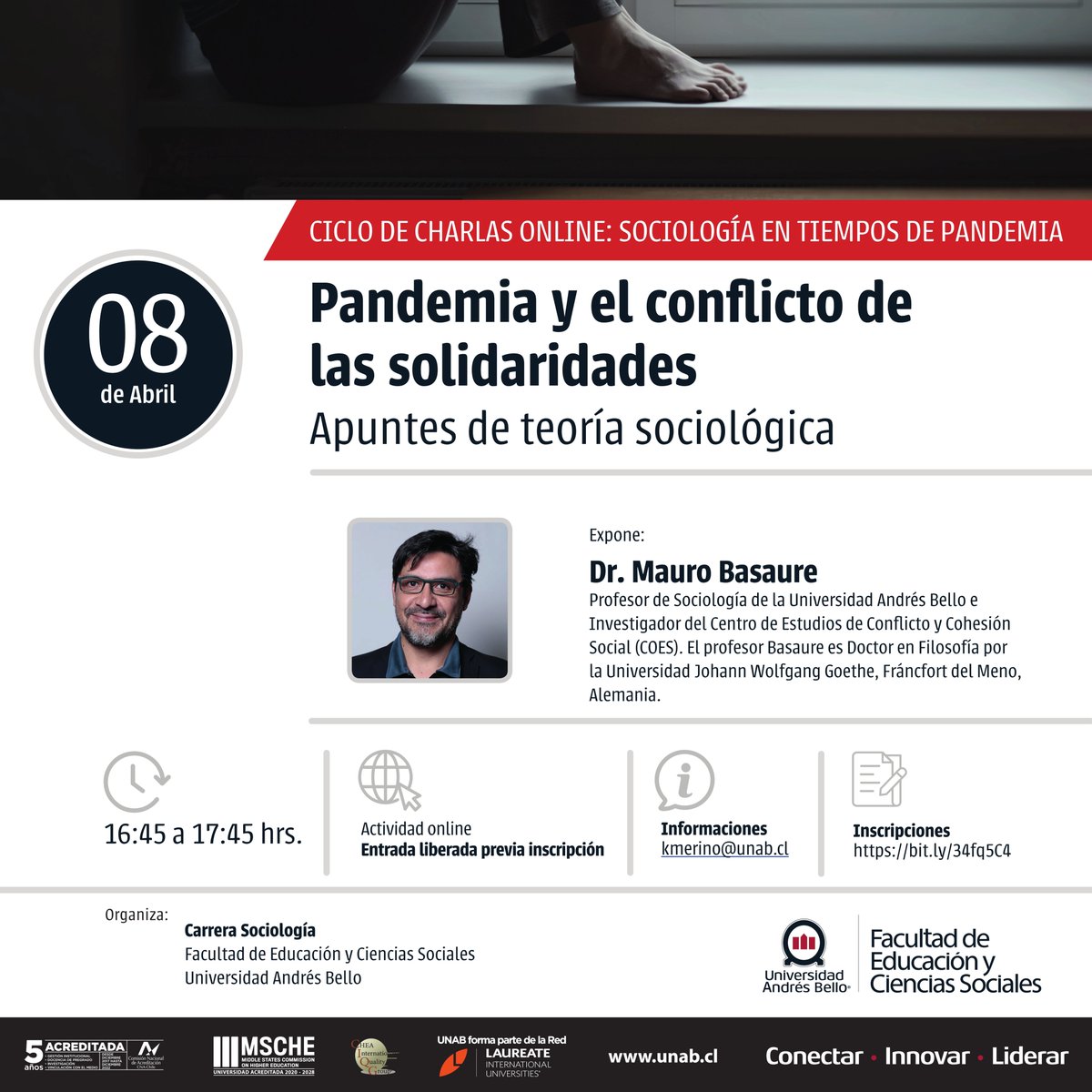 PhdTecsa's tweet image. "Pandemia y el conflicto de las solidaridades. Apuntes de teoría sociológica" es el título de la charla online que Mauro Basaure compartirá mañana miércoles 08 de abril a las 16:45 hrs. Inscríbete en el formulario: bit.ly/34fq5C4 Más informaciones: kmerino@unab.cl.