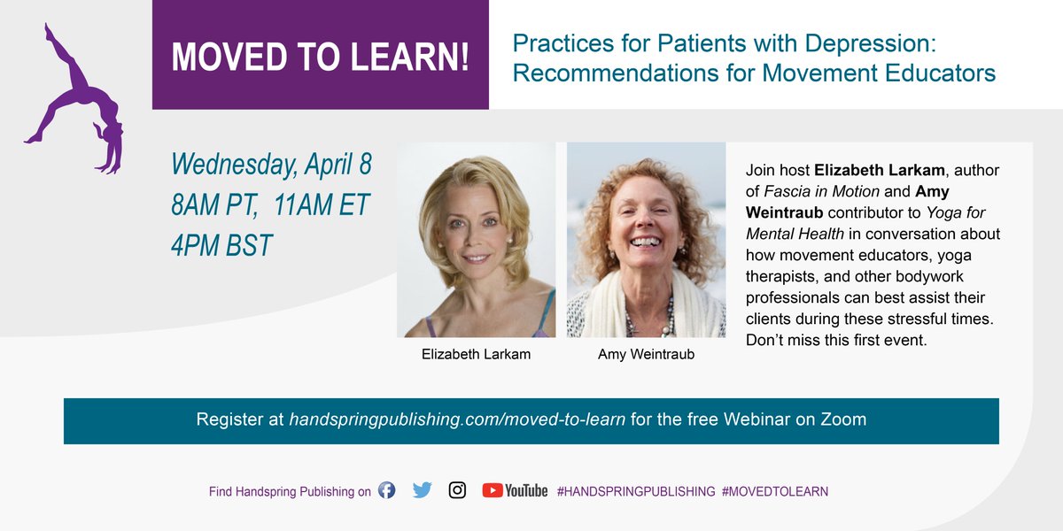 Join Elizabeth Larkam tomorrow, April 8th in conversation and directed practice with Amy Weintraub. Also Q&amp;A! #movedtolearn #yogafordepression #yogaformentalhealth Register at handspringpublishing.com/moved-to-learn