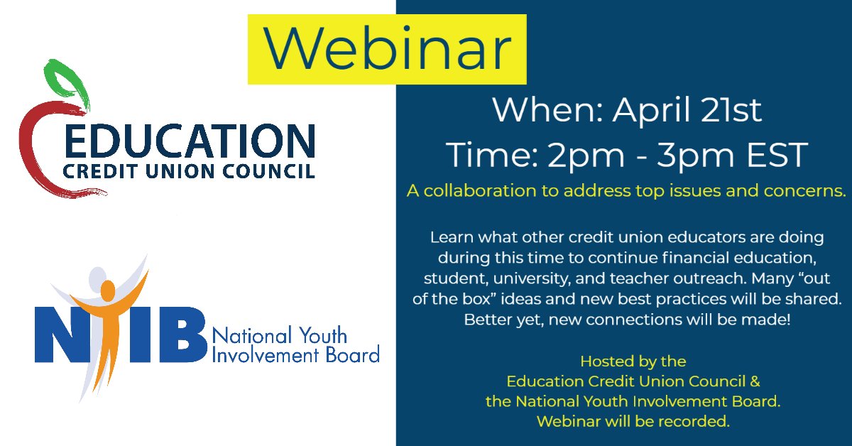 We are bummed that #NYIB2020 has been cancelled, BUT excited to collaborate with <a href="/EduCUCouncil/">Education CU Council</a> on this webinar! We hope you will join us! 
Register: conta.cc/3dZMyaz
#financialeducation #finlit #cooperativespirit #creditunions #peoplehelpingpeople #creditunionscarryon