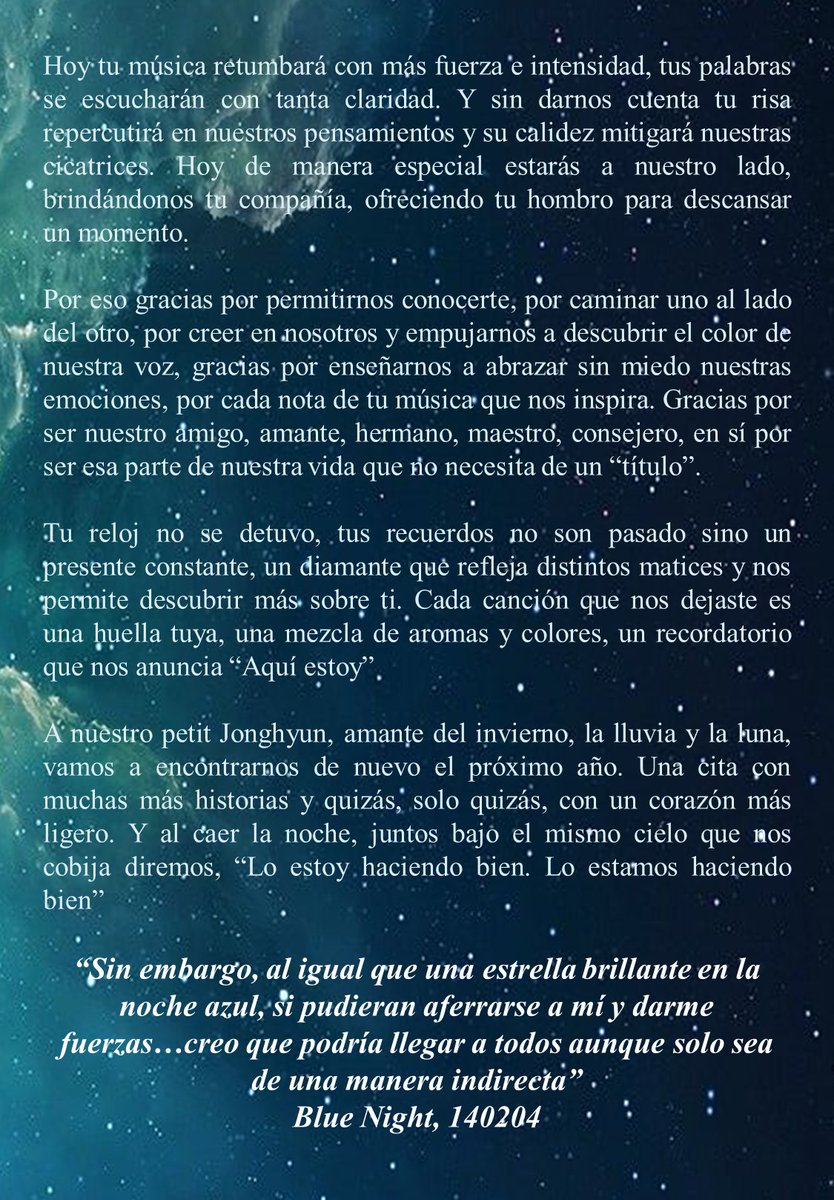 JH_SHINeeArg's tweet photo. [#HappyJonghyunDay] 200408 #Jonghyun @SHINee 

“Gracias.
Por escuchar mis historias, por reír, llorar y consolarnos juntos…
Gracias….
Gracias. Por mantenerme de pie.”
     Jonghyun – Carta para “The AGIT: The Letter, 170604 https://t.co/d6SRgzgwft