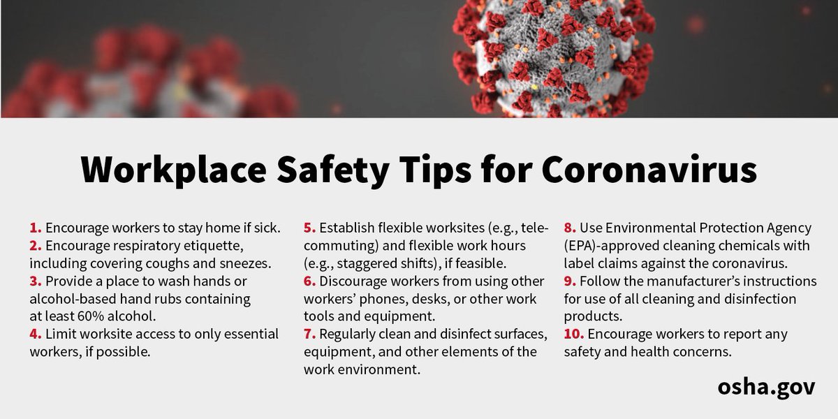 OSHA_DOL's tweet image. A new @OSHA_DOL poster lists things you can do to minimize workers’ risk of exposure to #COVID19 ➡️ osha.gov/news/newsrelea… #KeepWorkersSafe