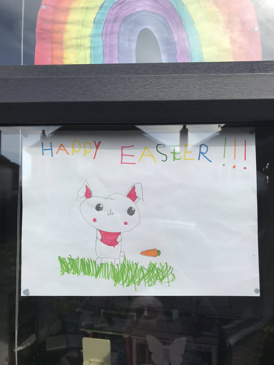 CassicUk's tweet photo. @whitchurchprm WPSArtChallenge. We filled our front window with Easter inspired art to make people smile on their daily exercise outings 😀 https://t.co/RNkbdXn1un