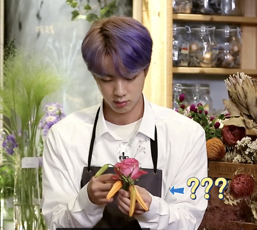 Seokjin decides that since he can’t use the hydrangea or the peacock feather, he will use tiger lily...pods? buds?...for the added flair he’s looking for and Kook is like DUDE, THOSE LOOK LIKE CHILIS.