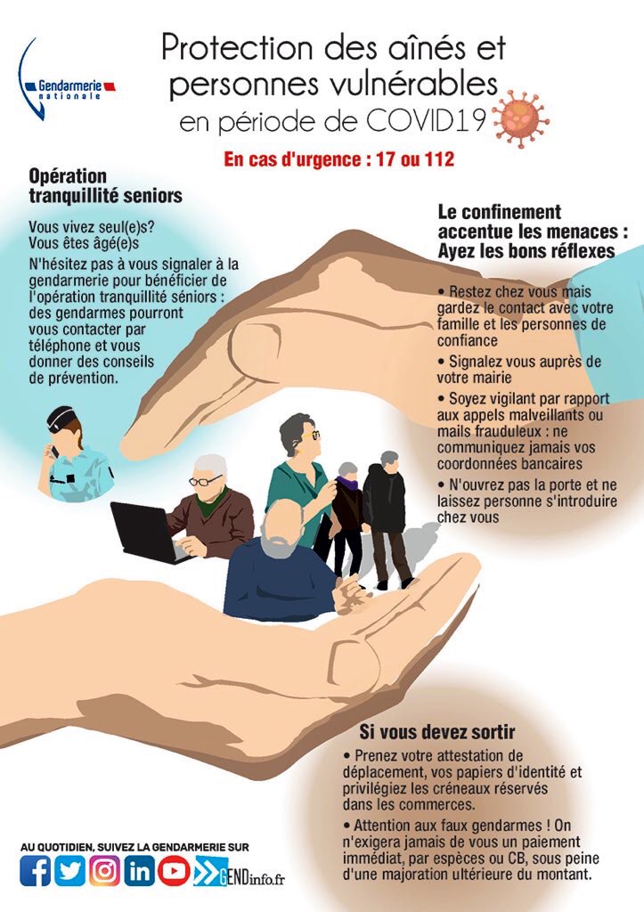 Gendarmerie's tweet photo. #COVID19 #Confinement 👮👮‍♀️ Opération "Tranquillité seniors" : les #gendarmes veillent sur les aînés !
☝️ Signalez-vous en #gendarmerie afin d'être contacté par ☎️.
⚠️ Pas de réponse ? Une patrouille se rendra à votre domicile pour vérifier que tout va bien. 🚔🏡 
#TousMobilisés https://t.co/g7xzBwn6ur