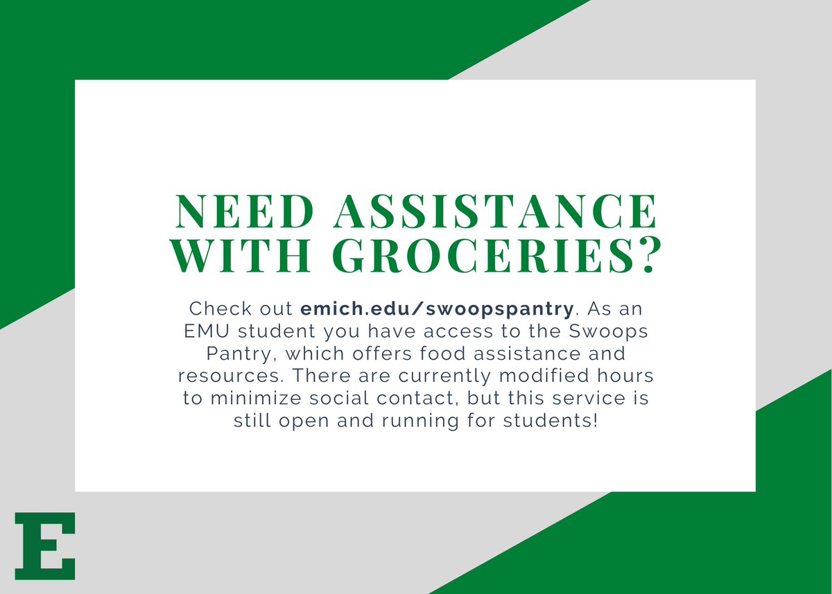 Still on campus? Check out this great food resource for EMU Students! They are still open and running. Find more info at emich.edu/SwoopsPantry?u…